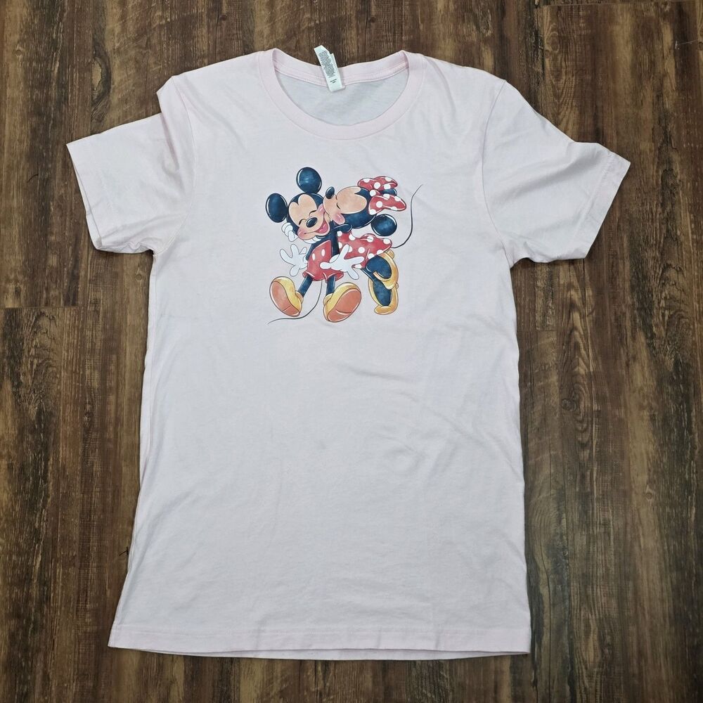 Disney Women S Minnie Mickey Kiss Graphic Tee Pink Cute Casual Valentine T-Shirt